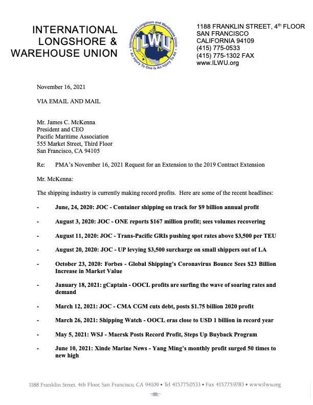 Letter From PMA and Response From ILWU 11/16/2-21